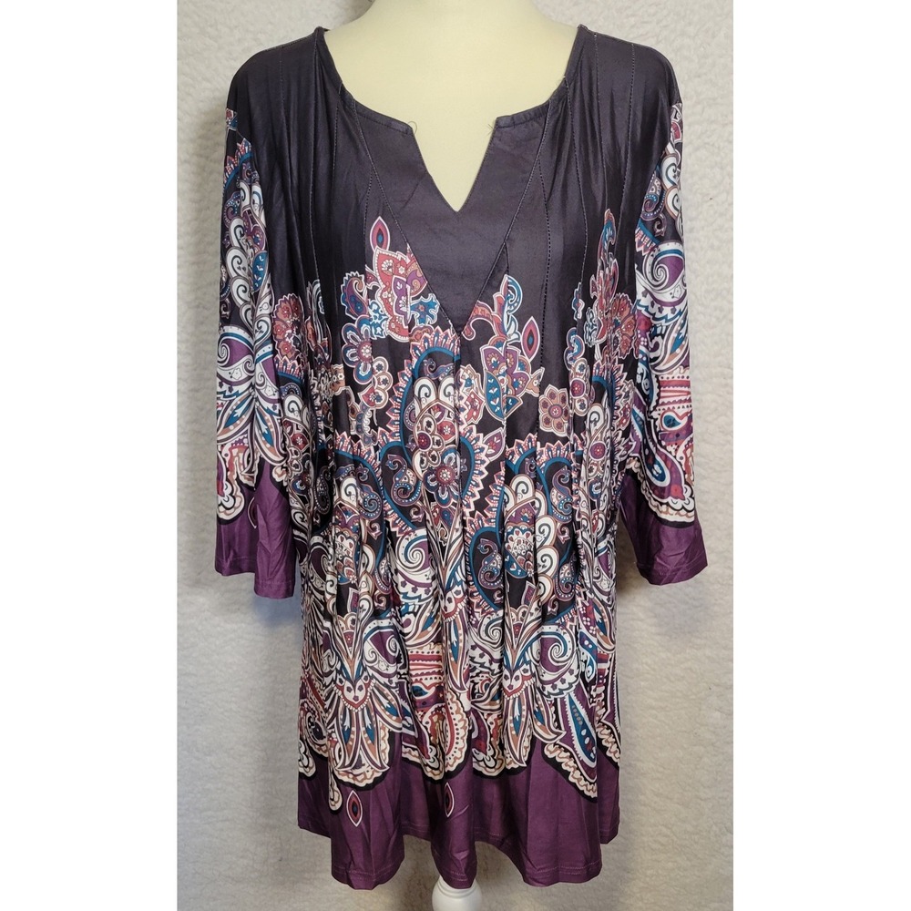 Reborn Womens Shirt Size 3X Pullover 3/4 Sleeve NEW NWT Floral Pleat Purple 1662